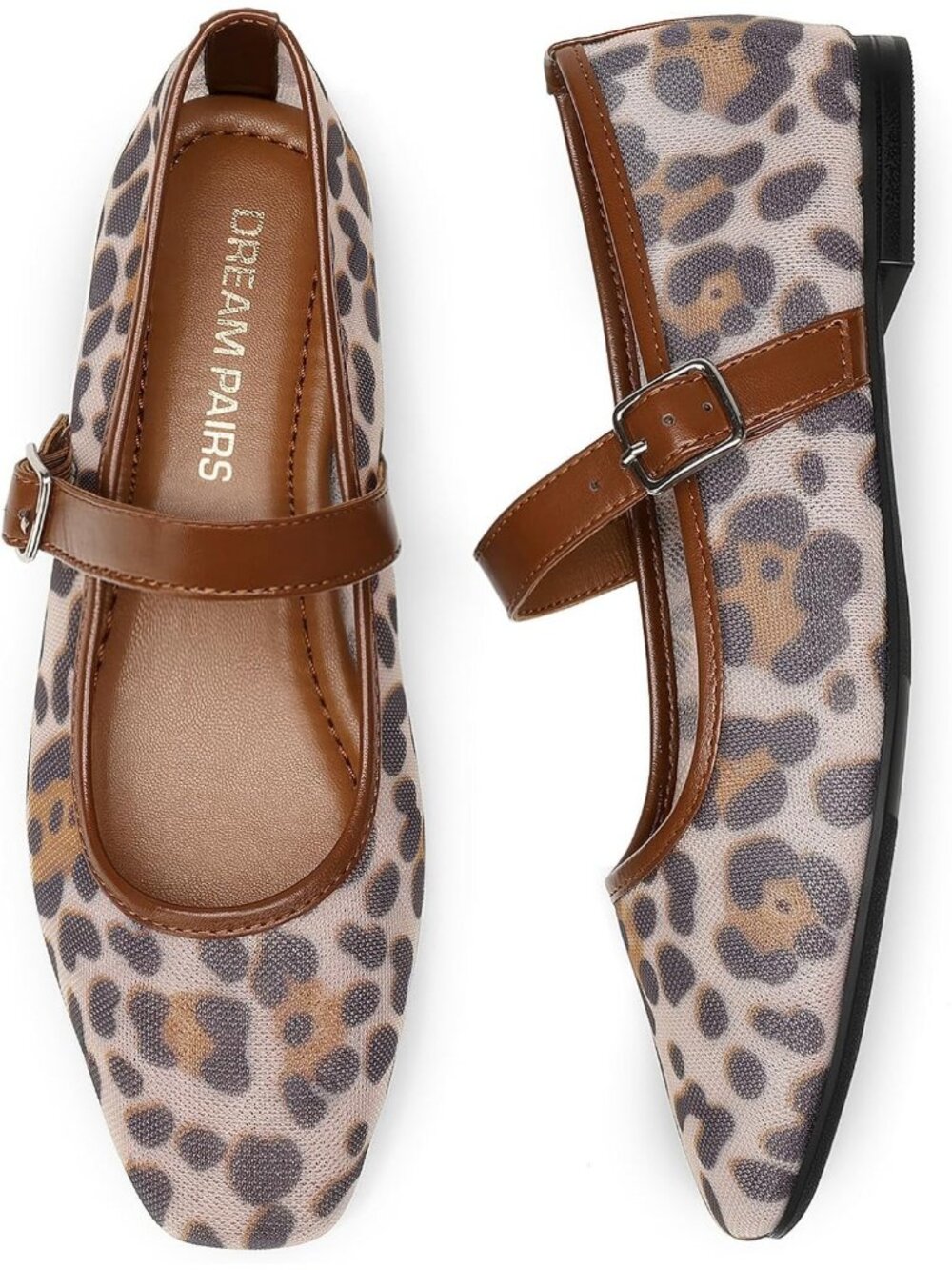 Dream Pairs Women's Leopard Square Toe Mary Jane Flat Buckle Strap Casual Work